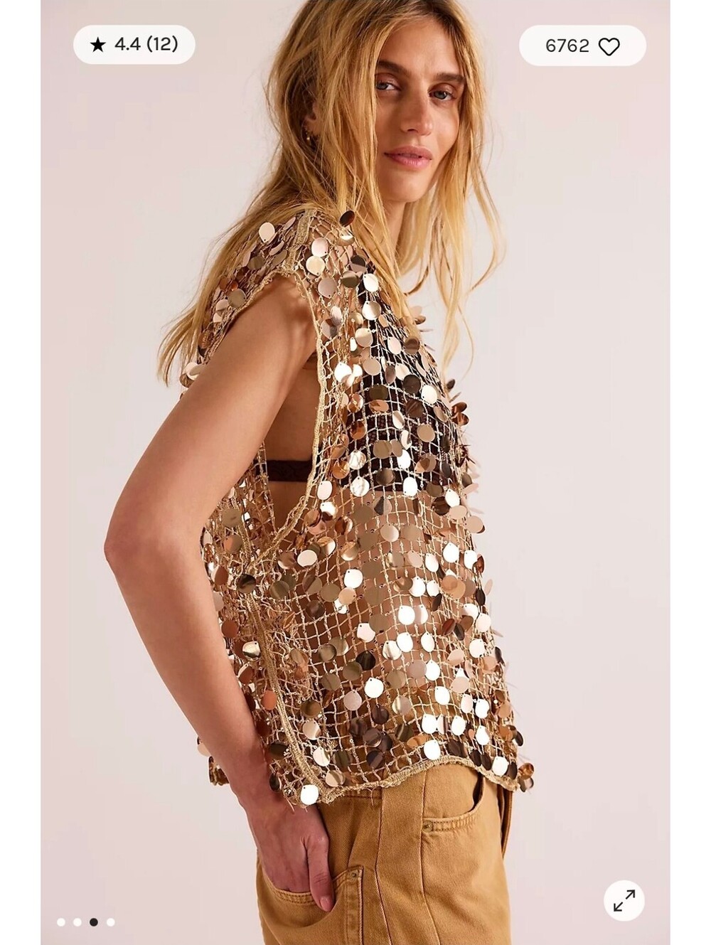 Free People Sequin Mesh Top in Beige XL